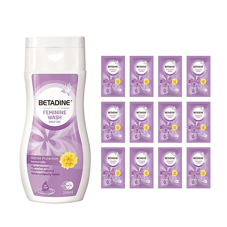 Dung dịch vệ sinh phụ nữ Betadine Gentle Protection - chai 250ml + Tặng dung dịch vệ sinh phụ nữ Betadine Gentle Protection - Dây 12 gói 5ml