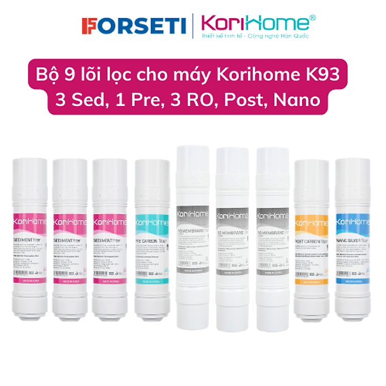 Bộ 9 lõi lọc nước Korihome dùng cho máy lọc nước Korihome K93 (3sed, 1pre, 3RO, 1Post, 1Nano) - Hàng chính hãng