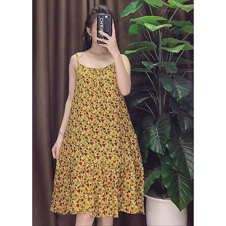 Váy lanh hai dây hoa nhí, siêu rộng, siêu mát