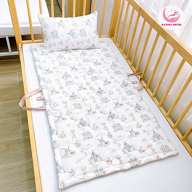 Bộ gối nệm cho bé sơ sinh và mẫu giáo Katina House, vải muslin mềm nhẹ, thoáng khí, thấm hút tốt