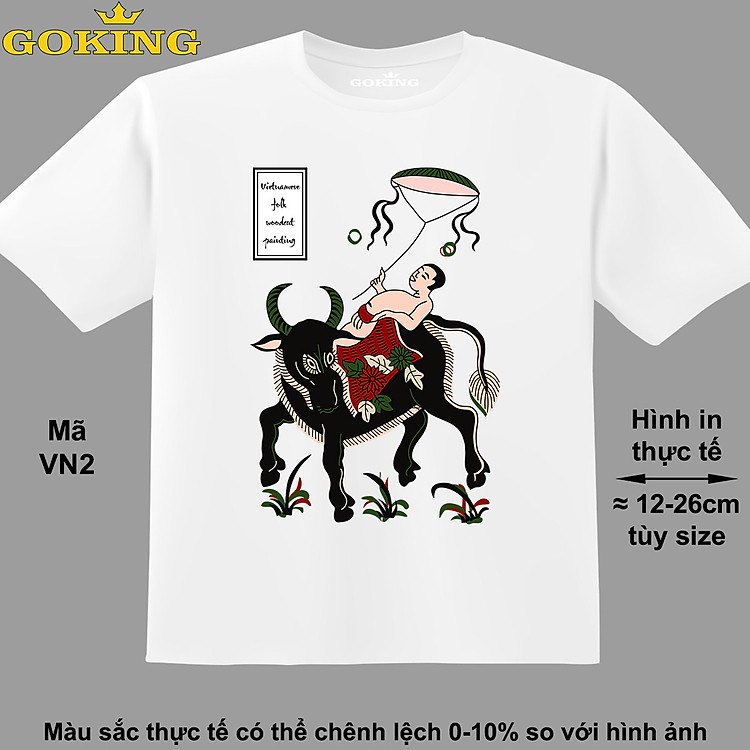 Mục đồng thả diều, mã VN2. Áo phông tranh Đông Hồ Việt Nam. Áo thun hàng hiệu Goking, form unisex cho nam nữ, trẻ em, bé trai gái. Quà tặng cao cấp