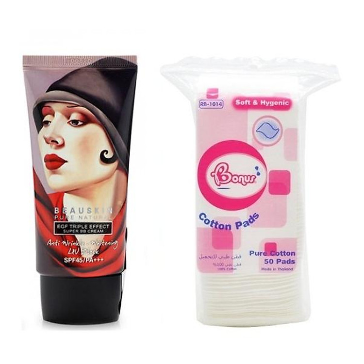 Combo 1 hộp kem nền bb cream Beauskin Aqua Hàn quốc ( Tone sáng mịn 21) + 1 bông tẩy trang ( 50 miếng)