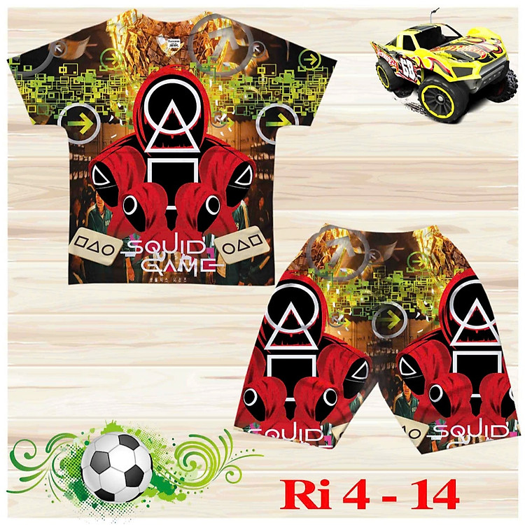 Đồ bộ cộc tay cho bé trai hình Squid game Trò chơi con mực size 18-36kg chất thun lạnh thái mềm mát