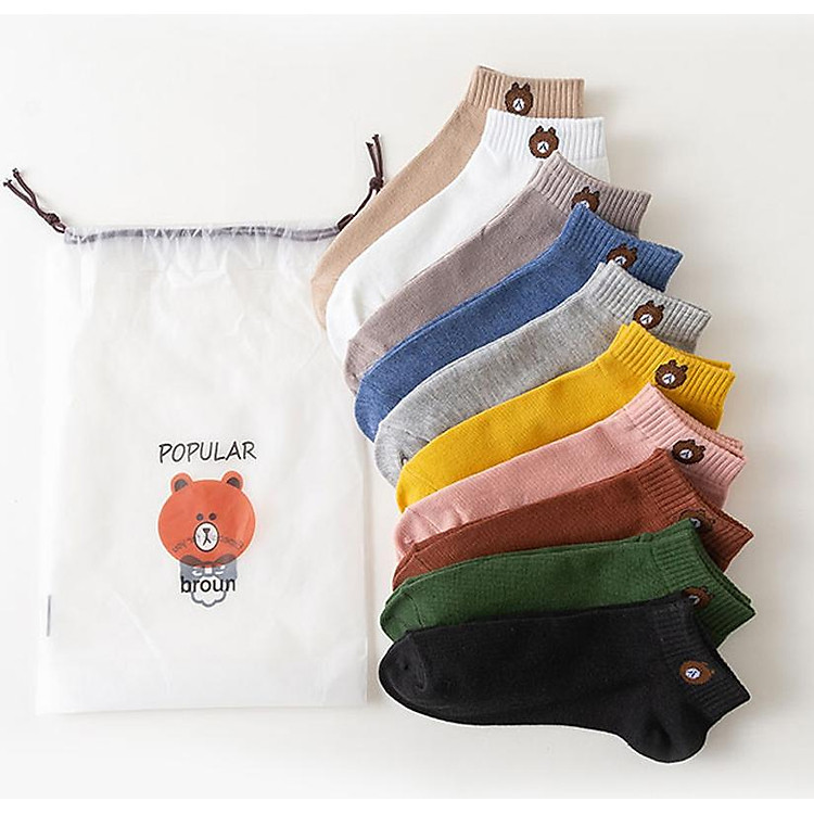 Combo 10 Đôi Vớ Nữ In Hình Gấu Brown Kèm Túi Đựng Siêu Xinh