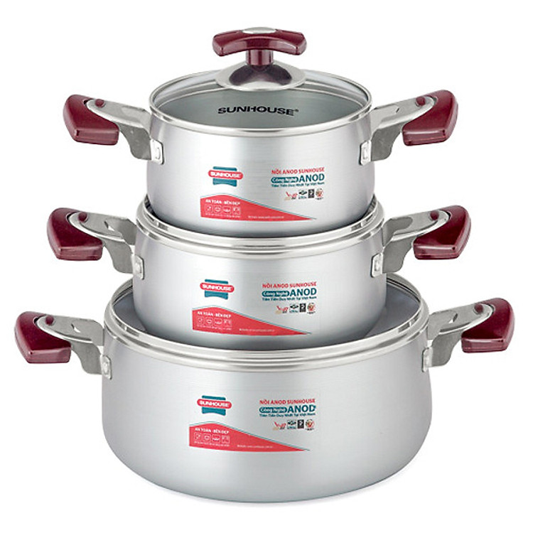Bộ 3 Nồi Anod Vung Kính Sunhouse SH6633-20 - Trắng Bạc (16cm, 20cm, 24cm)