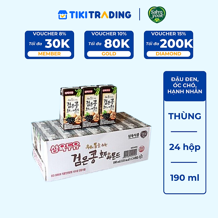 Thùng 24 Hộp Sữa Đậu Đen, Óc Chó, Hạnh Nhân Sahmyook Foods (190ml / Hộp)