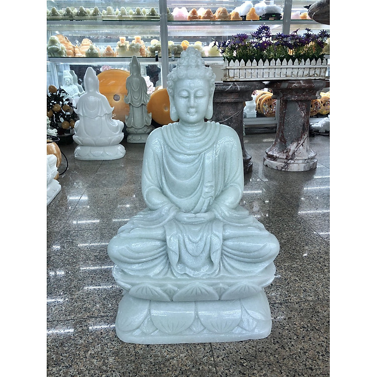 Tượng Phật Thích Ca ngồi đài sen đá cẩm thạch trắng xanh - Cao 50 cm