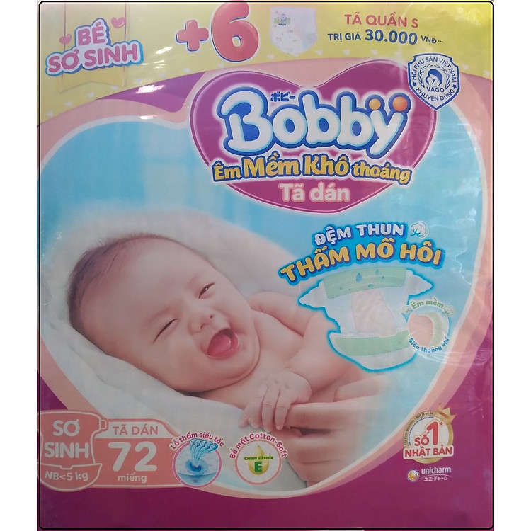 Tã Dán Bobby Sơ Sinh 72 (72 Miếng Size XS) + 6 Miếng Tã Quần Size S