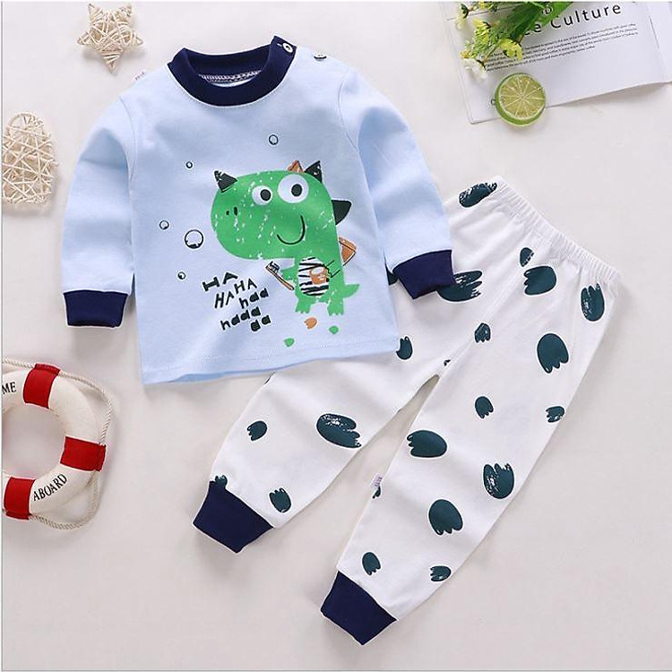 Bộ Quần Áo Thun Cotton Thu Đông Dài Tay Cho Bé Trai Màu Xanh Khủng Long - Me Yeu Con 1102 - Từ 7 - 27 Kg