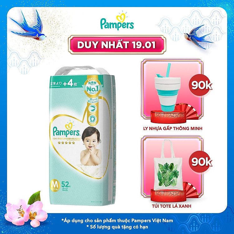 Tã/ Bỉm Dán PAMPERS Nhật Thượng Hạng, Size NB(70 miếng, dưới 5kg)/ S(64 miếng, 4-8kg)/ M(52 miếng, 6-12kg)/ L(42 miếng, 9-14kg), Siêu Mềm Mịn & Thoáng Khí