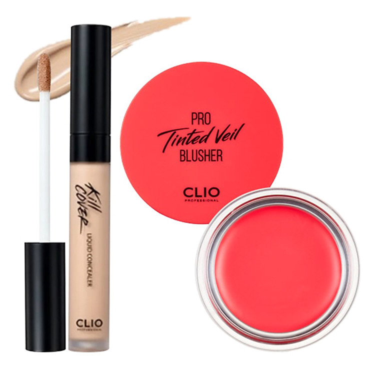 Combo Trang Điểm Clio 01 (Kem Che Khuyết Điểm Kill Cover Liquid 03 Linen & Má Hồng Clio 001 Suprise Me)
