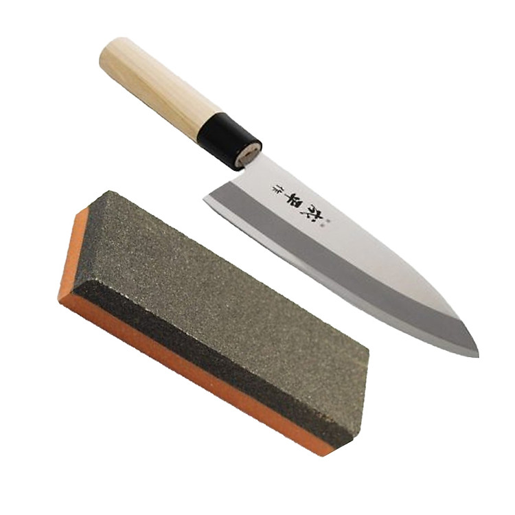 Combo Dao thái nhà bếp cán gỗ cao cấp đầu nhọn + Đá mài dao kéo nội địa Nhật Bản