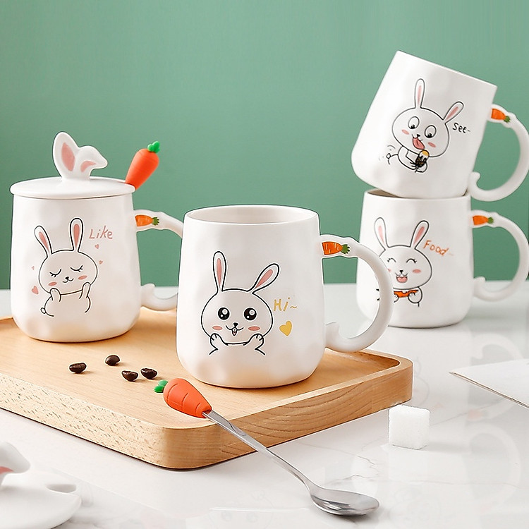 Ly cốc sứ thỏ có nắp và muỗng Inox