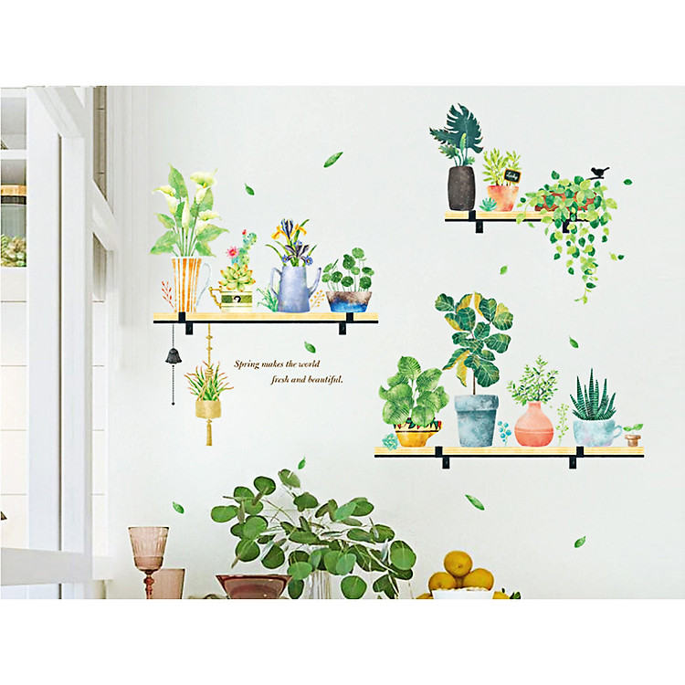 Giấy dán tường hình KỆ CHẬU CÂY RAU MÁ