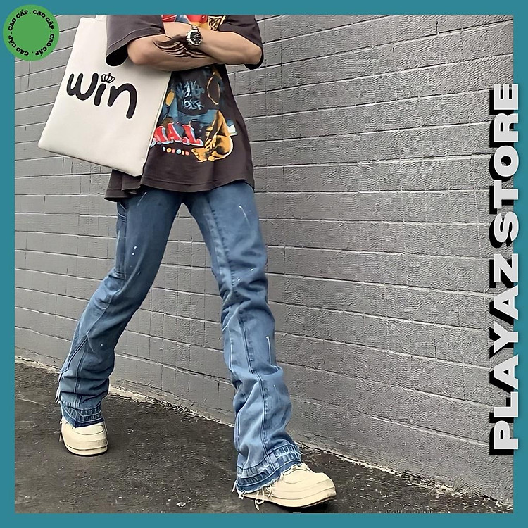 Quần Jeans Ống Loe Xả Lai Vẩy Sơn PLAYAZ Phong cách Vinatge Xanh - Đen