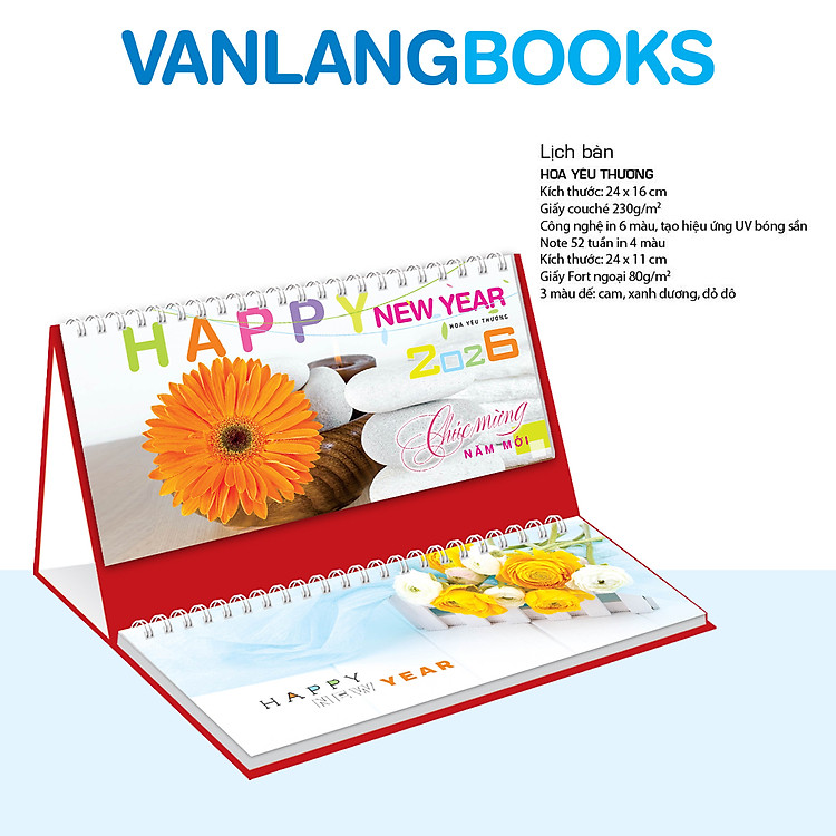 Lịch Bàn 2026 Vanlangbooks - Hoa Yêu Thương (VLLB10A) Kèm Note 52 Tuần Tiện Lợi - Màu Đỏ