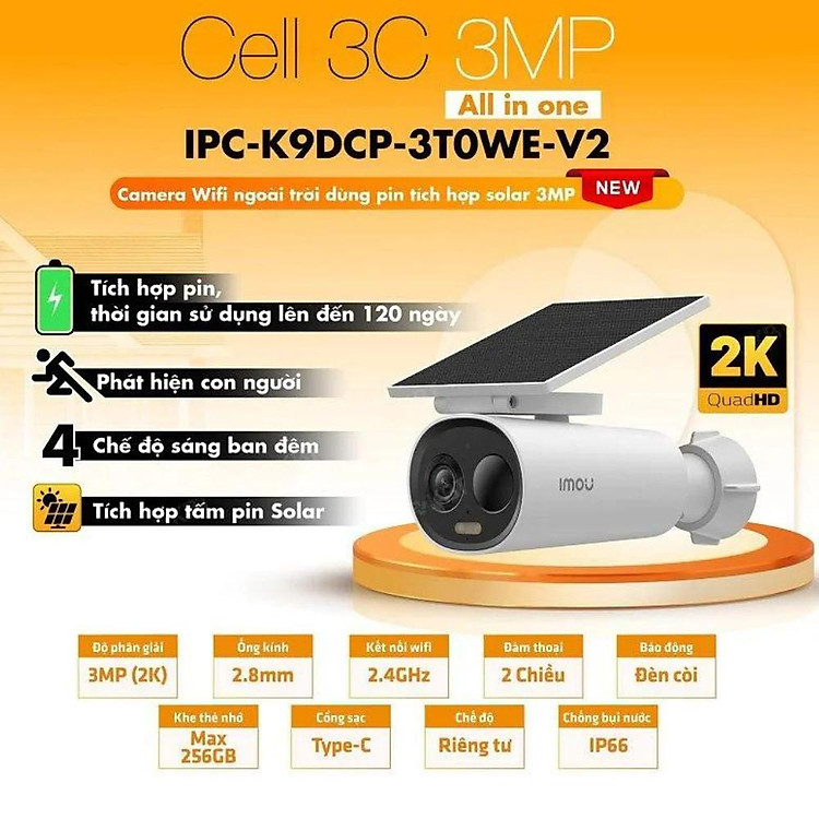 Camera WIFI Ngoài Trời IMOU Cell 3C K9DCP Dùng Pin Kèm Tấm Pin Năng Lượng Mặt Trời - TRANGIATELECOM Hàng chính hãƞg Hàng nhập khẩu