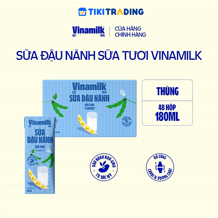 Thùng 48 hộp sữa đậu nành sữa tươi ít đường Vinamilk 180ml