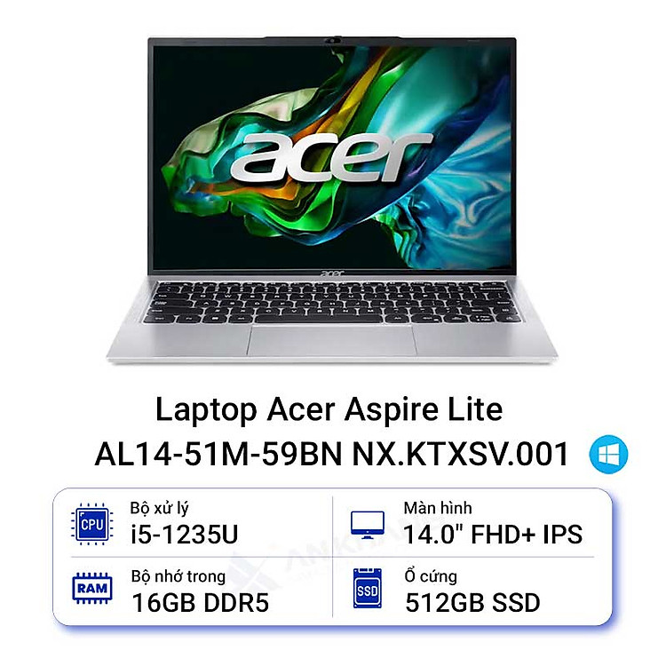 Laptop Acer Aspire Lite AL14-51M-59BN_NX.KTXSV.001 (Intel Core i5-1235U | 16GB | 512GB | Intel UHD | 14 inch WUXGA IPS | Win 11 | Bạc) - HÀNG CHÍNH HÃNG