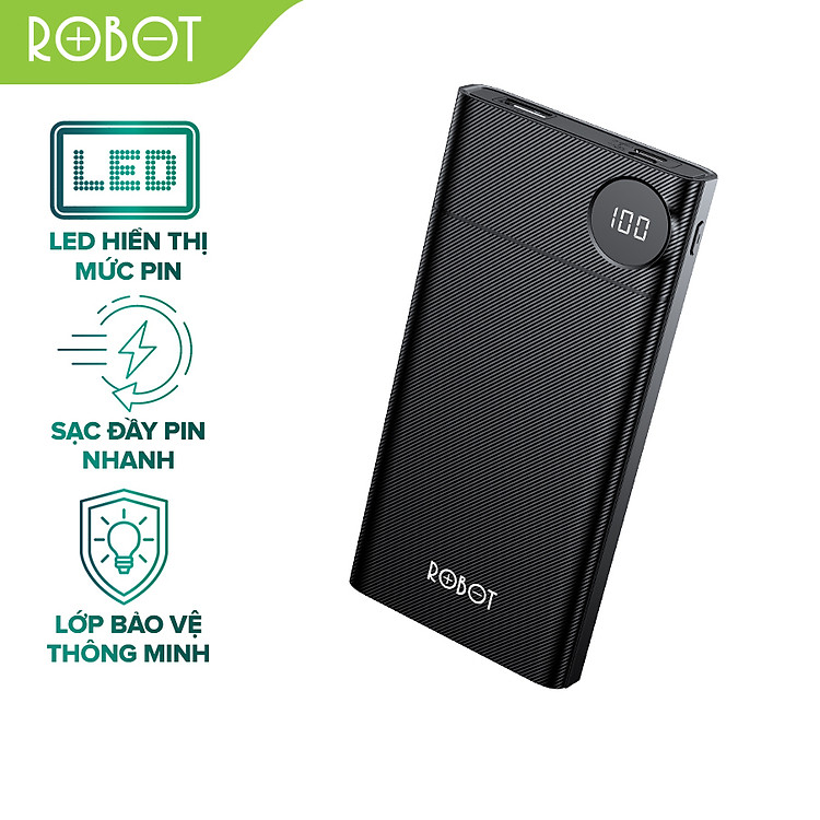 Sạc dự phòng ROBOT RT190 10000mAh thiết kế nhỏ gọn LED hiển thị Pin 2 cổng vào Micro/Type-C và 1 Cổng Ra USB - Hàng Chính Hãng