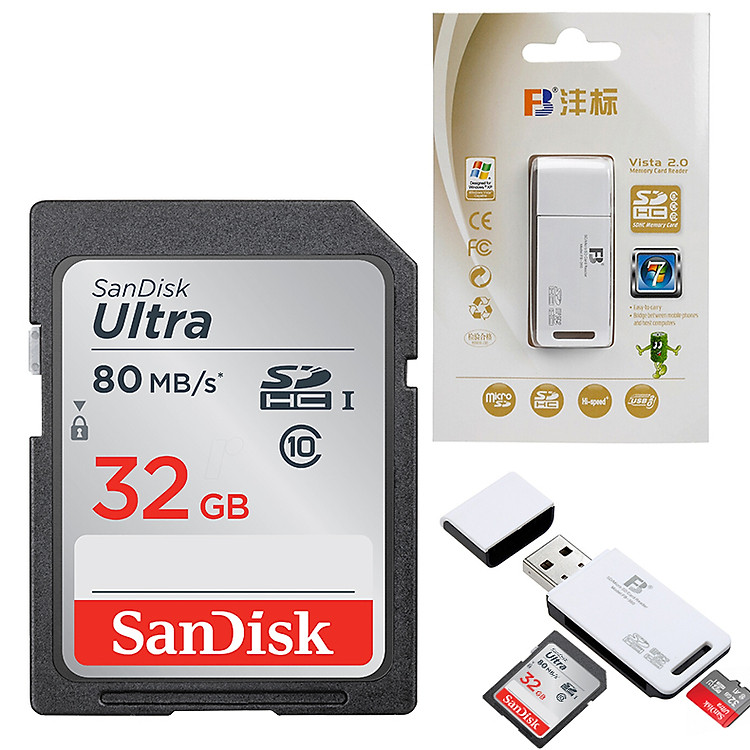 Thẻ Nhớ Máy Ảnh Sandisk 32GB SDHC Ultra 80Mb/s + Đầu Đọc Thẻ Đa Năng FB-360 (Hàng nhập khẩu)