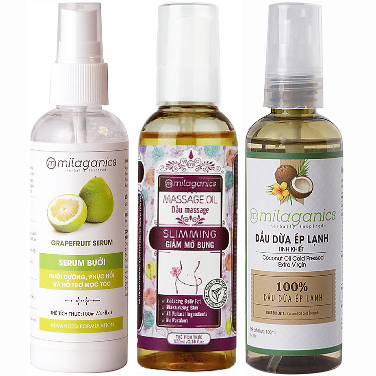 Combo Serum Bưởi Milaganics (100ml) + Dầu Massage Milaganics (100ml) + Dầu Dừa Tinh khiết Milaganics (100ml)