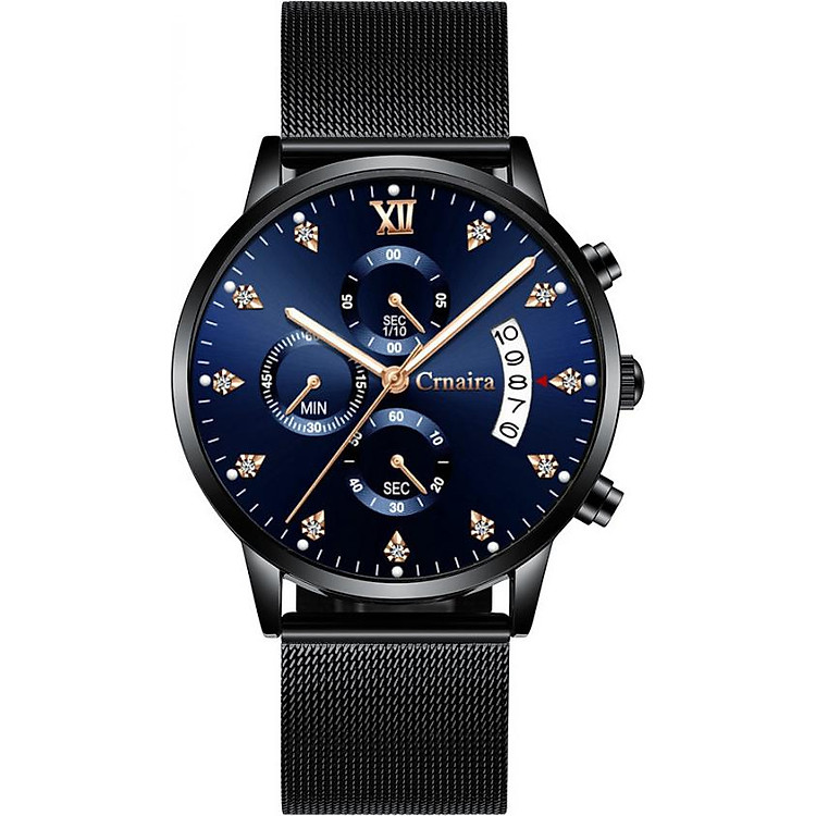 Đồng Hồ Nam Crnaira Japan Chạy 6 Kim Mặt Đính Đá Dây Thép Mành