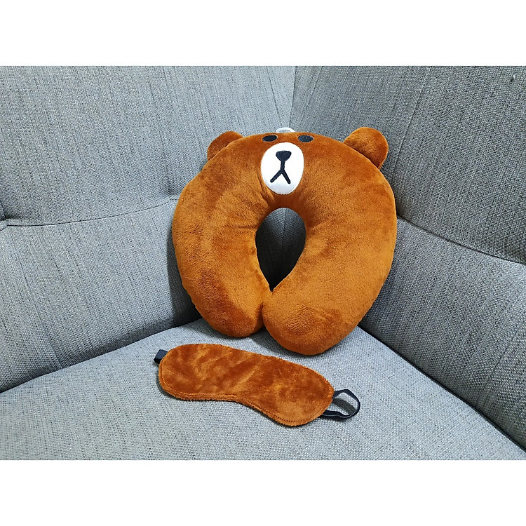 Gối ngủ trưa văn phòng, du lịch kê cổ chữ u tặng kèm miếng che mắt - Gấu nâu tặng kèm miếng che mắt
