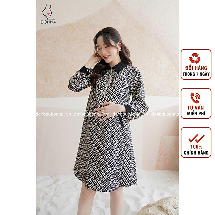 Váy bầu nhung họa tiết Bonna kiểu dáng trẻ trung, thanh lịch, form suông dễ mặc, có khóa kéo, mặc thu đông ấm áp VS082