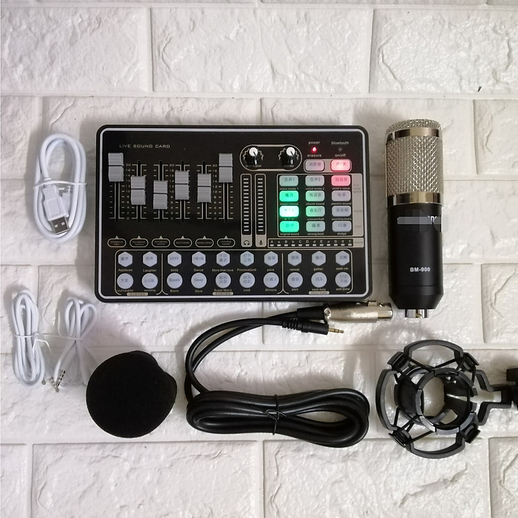 Bộ thu âm live stream Sound card H9 và micro BM900 đủ dây kết nối