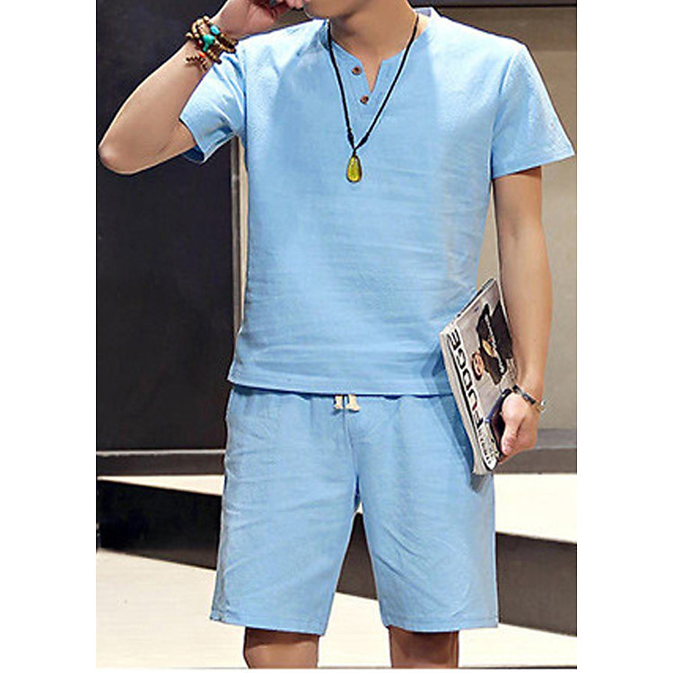 Bộ đũi vải linen thô lanh gồm quần ngố và áo cộc thanh lịch Nam thời trang BD1