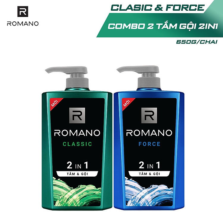 Combo Tắm gội 2 trong 1 Romano Classic 650gr và Tắm gội Force 650gr
