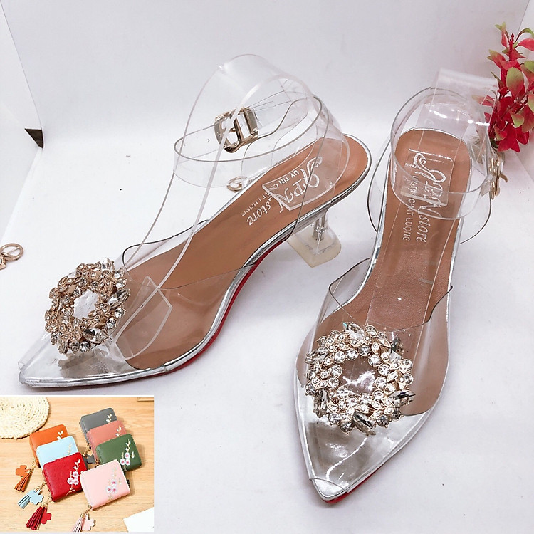 Giày Cao Nữ Đẹp Khóa Hoa Lúa Quai Hậu Mica Cao Cấp Cao 7 Cm Phong Cách Hàn Quốc ( Tặng Ví Nữ Ngẵn Cao Cấp Mẫu Ngẫu Nhiên)