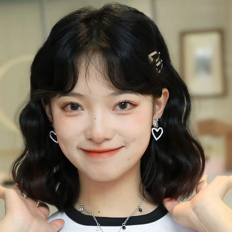 Tóc giả người thật Tóc giả nữ tóc giả nữ tóc ngắn xoăn sóng lớn hàng ngày tóc mái không khí tự nhiên cuộn len nữ dễ thương mặt tròn bộ tóc