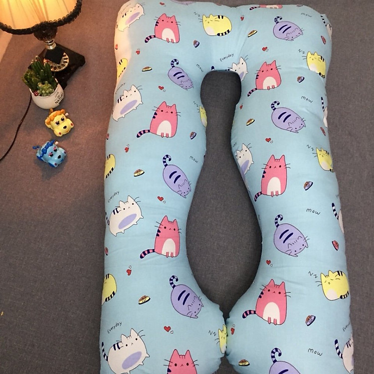 Gối ôm chữ U đa năng cho bà bầu - Mèo Xanh - Tặng kèm 1 móc khóa Houston