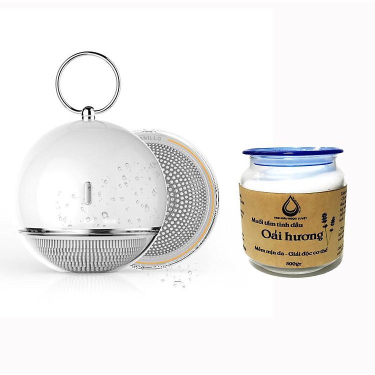 Combo máy làm sạch và massage mặt Mipow anillo pro-sonic từ USA và hũ muối tắm oải hương 500g