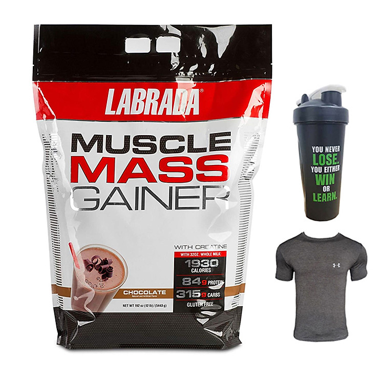 Combo Sữa tăng cân tăng cơ Muscle Mass Gainer của Labrada hương Chocolate bịch 5.4 kg hỗ trợ tăng cân, tăng cơ nạc cho người gầy kén ăn, khó hấp thụ thức ăn tự nhiên & Bình lắc 600 ml (Màu Ngẫu Nhiên) & Áo Gym size M