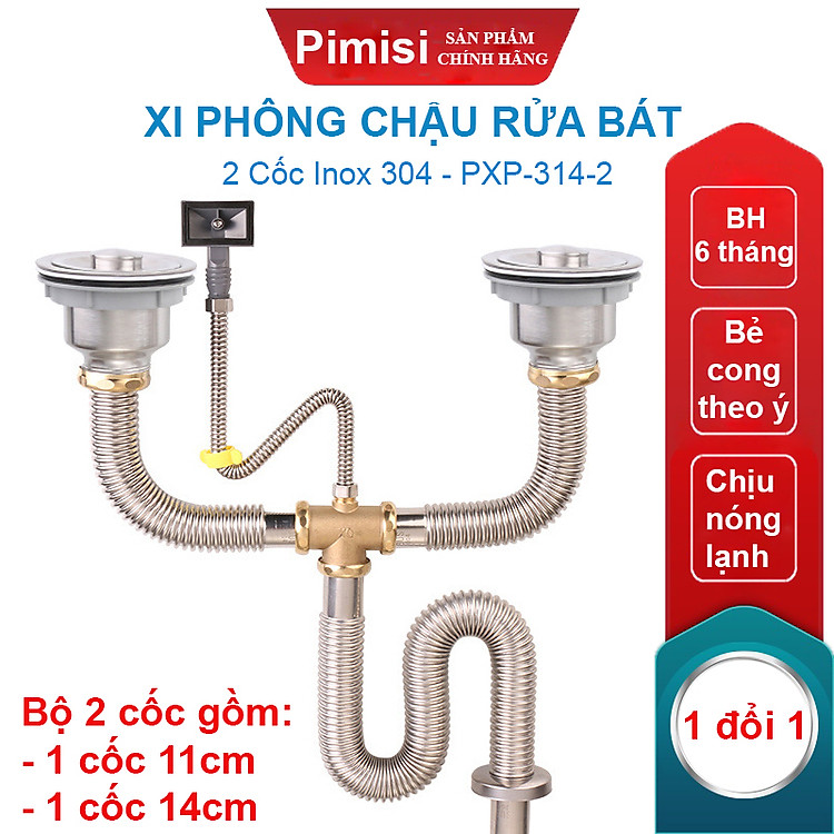 Xi Phông Chậu Rửa Bát 2 Hố Pimisi PXP-314-2 Inox Cao Cấp Kiểu Chun Uốn - Bẻ Cong, cho Bồn Rửa Chén 2 Hộc Đôi | Chính Hãng