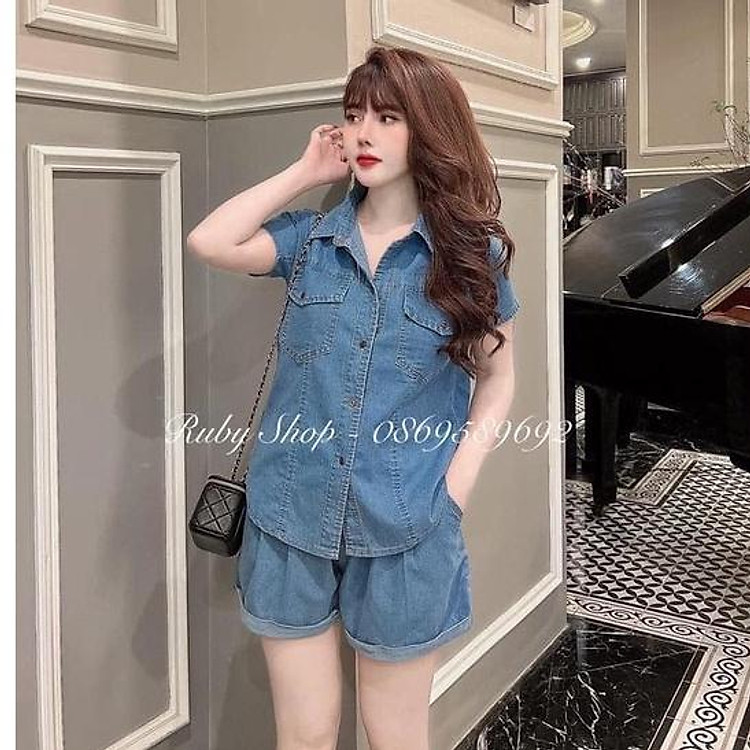 Bộ jean đùi nữ siêu xinh cổ sơ mi, set bò giấy xanh