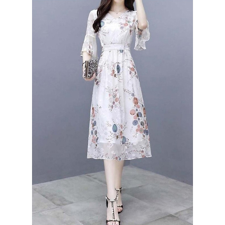 Đầm Xòe Nữ Họa Tiết - Trắng