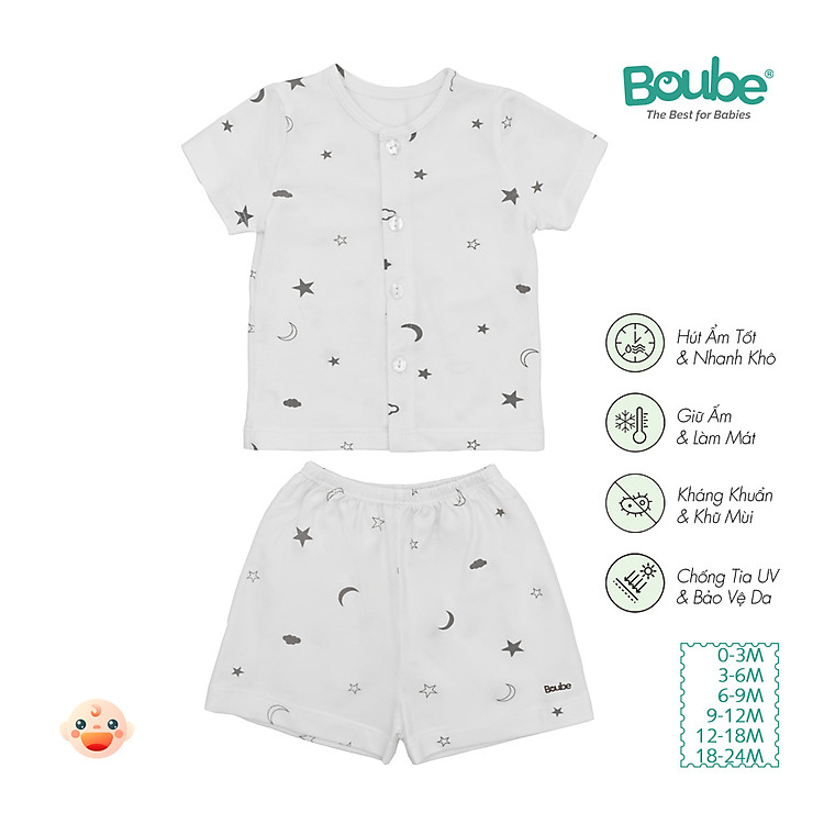 Bộ cộc tay cài thẳng họa tiết dễ thương cho bé sơ sinh và trẻ nhỏ Boube, vải Cotton organic thoáng mát - Size 0-24M
