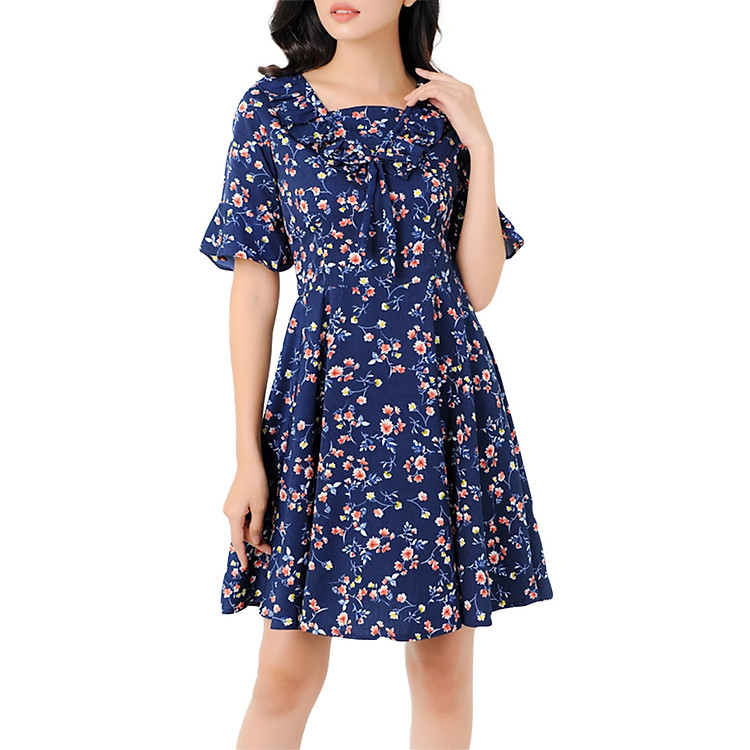 Đầm Xòe Cổ Nhúng Bèo Họa Tiết Hoa Eden D278XD - Xanh Đen