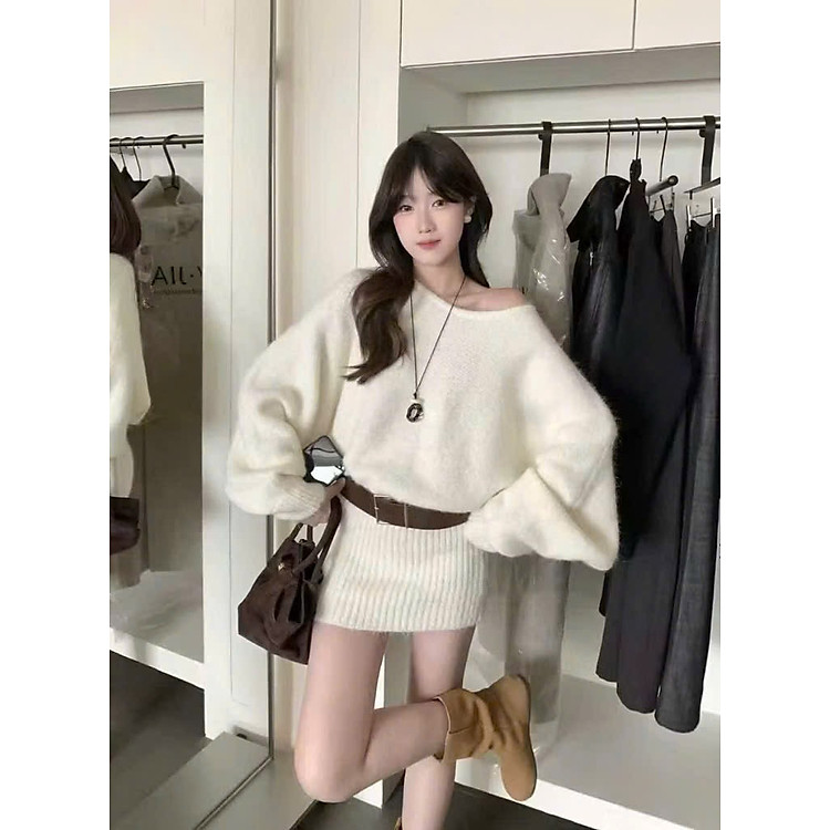 Váy Len Trễ Vai Kèm Thắt Lưng Nữ Dáng Đẹp – Thời Trang Nữ Hàn Quốc