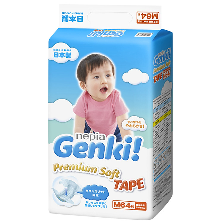 Tã dán Nhật cao cấp Genki (M, 64 miếng)
