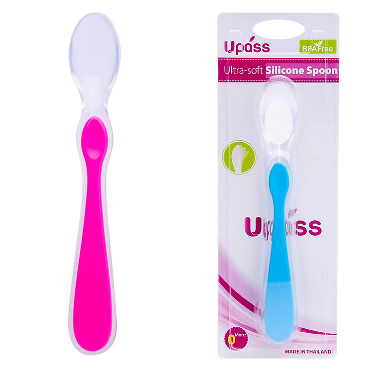 Bộ 2 thìa ăn dặm silicone Upass Thái Lan (Xanh & hồng)