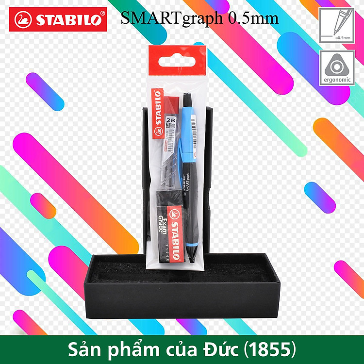 Bộ Bút Chì Bấm STABILO SMARTgraph 0.5mm (1 bút chì màu xanh + tuýp 12 ruột + gôm tẩy ER196E)