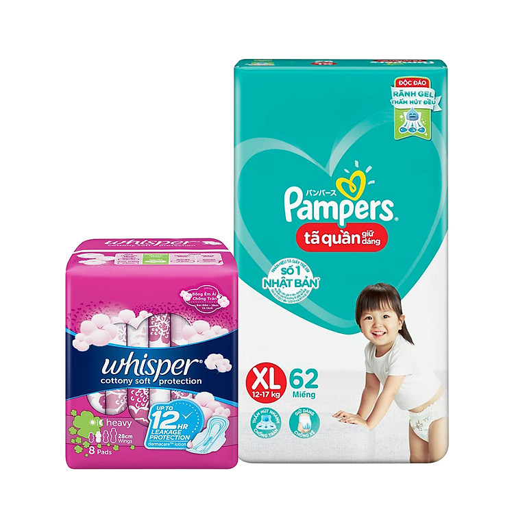 Tã Quần Pampers Giữ Dáng Mới Gói Cực Đại Size XL gói 62 miếng - Tặng Whisper Cotton Có Cánh Ngày Nhiều Và Đêm 28cm (8 Miếng)