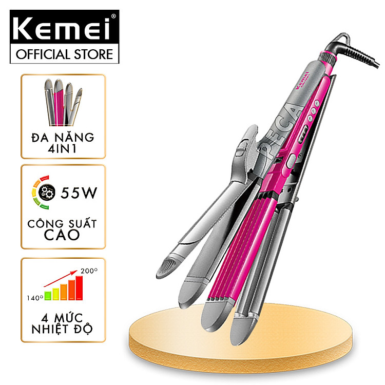 Máy làm tóc đa năng 4in1 Kemei KM-1397 điều chỉnh 4 mức nhiệt có thể duỗi tóc, uốn tóc, bấm xù chân tóc, uốn sóng hippie - Hàng chính hãng