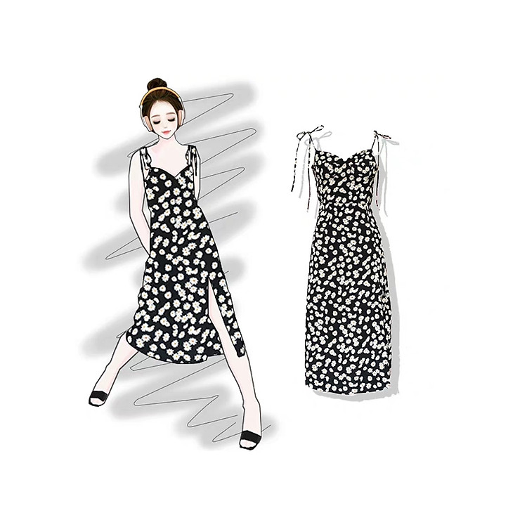 Váy Đầm Hoa Cúc Họa Mi Nơ Vai Dáng Dài Xẻ Tà Xu Hướng Hè Thu