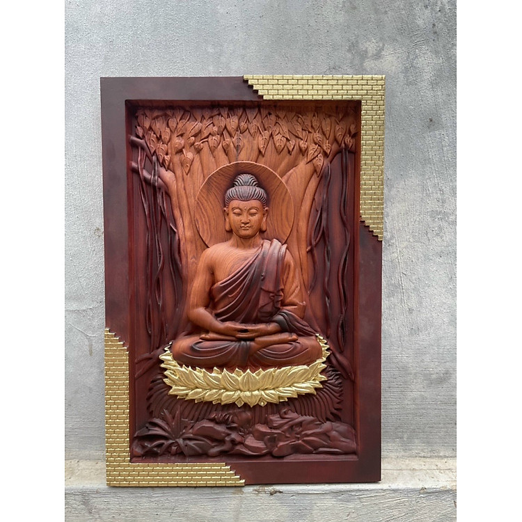 Tranh treo tường tượng phật thích ca bằng gỗ hương đá tô làm mầu giả cổ kt 46×67×4.5cm